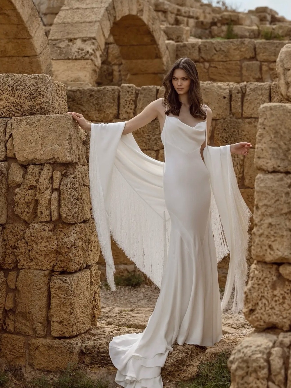 Pnina Tornai White Cowl-Neck Bridal Gown